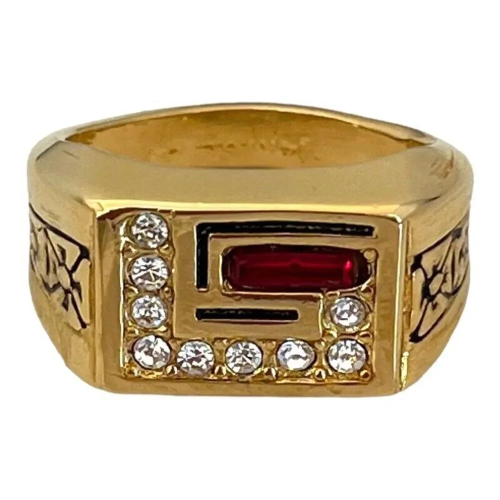 Vintage 1960s Ring Size 7.5 Red Crystal CZ Art Deco Revival Gold Plated - 14Q